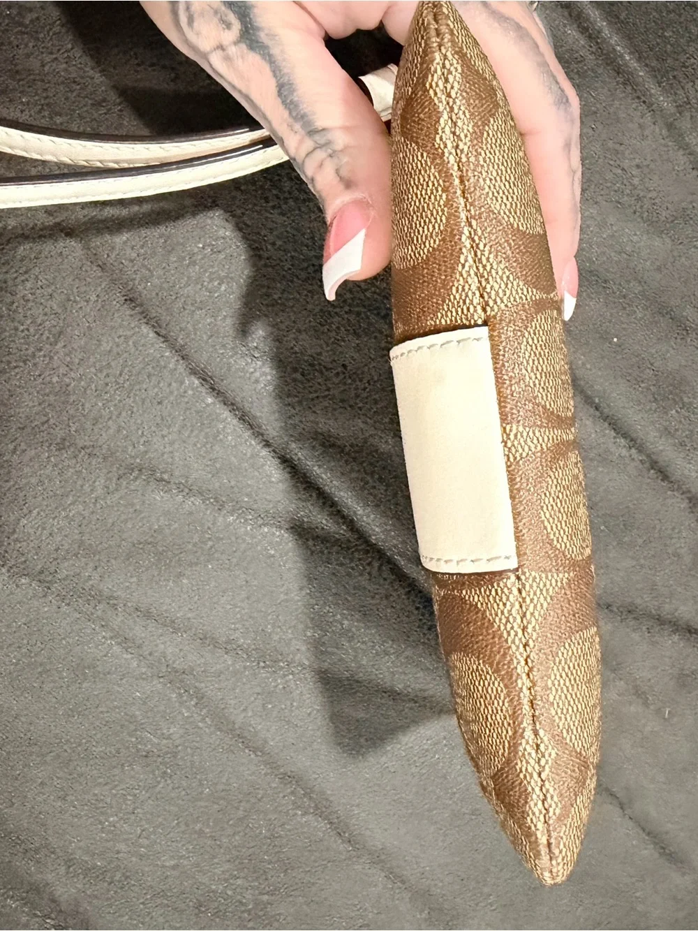 Authentic Coach Tan Signature Canvas Wristlet with Cream Center Stripe